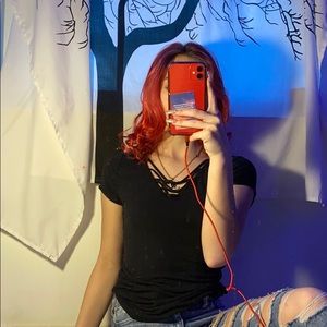 Black crossed in the front shirt